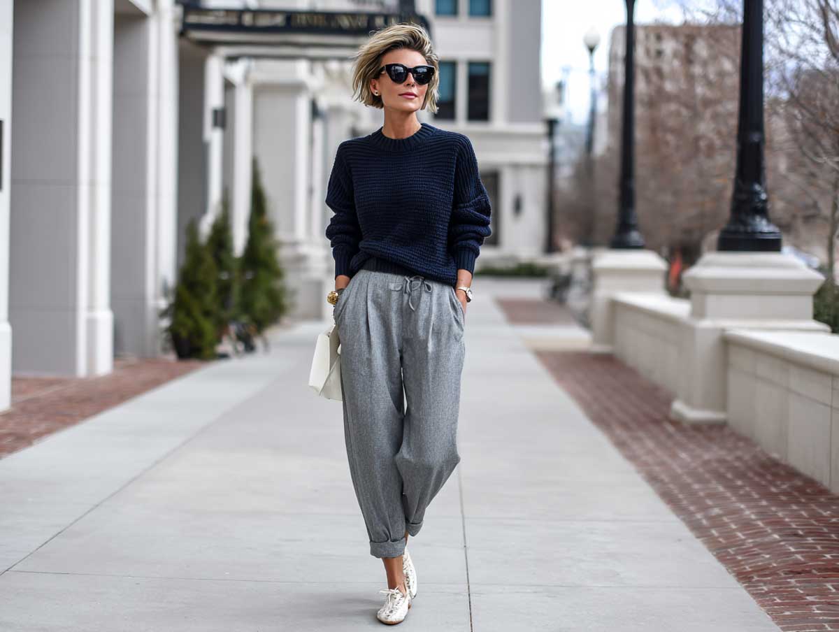 Navy Sweater and Gray Pants for a Relaxed Midweek Look - 3