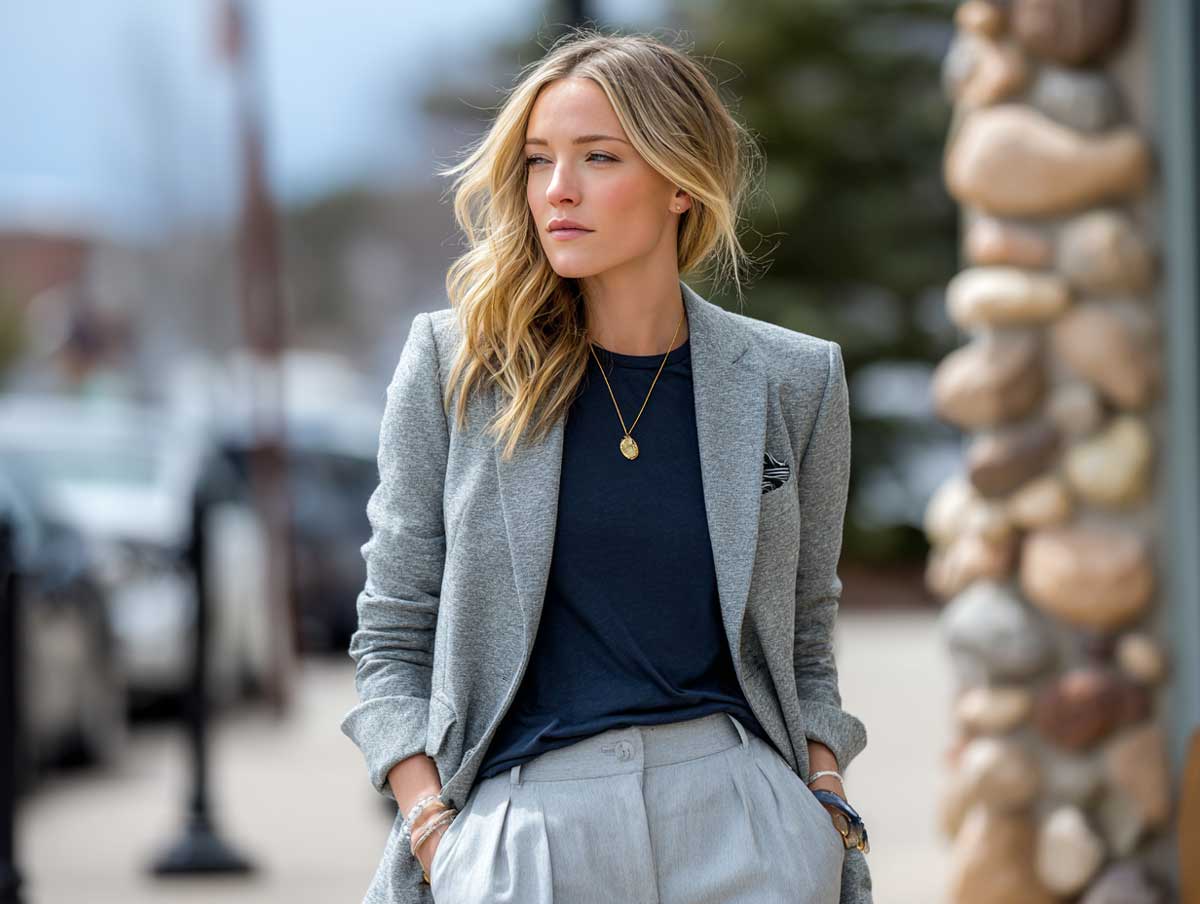 Gray Blazer Over Navy T-Shirt for an Effortless Workday