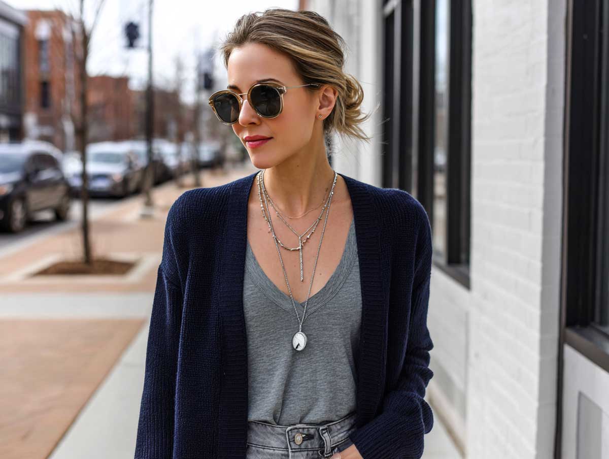 Navy Cardigan and Gray Jeans for a Casual Midweek Vibe - 3