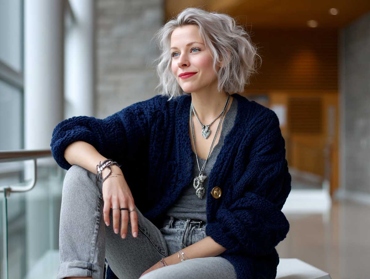 Navy Cardigan and Gray Jeans for a Casual Midweek Vibe - 4