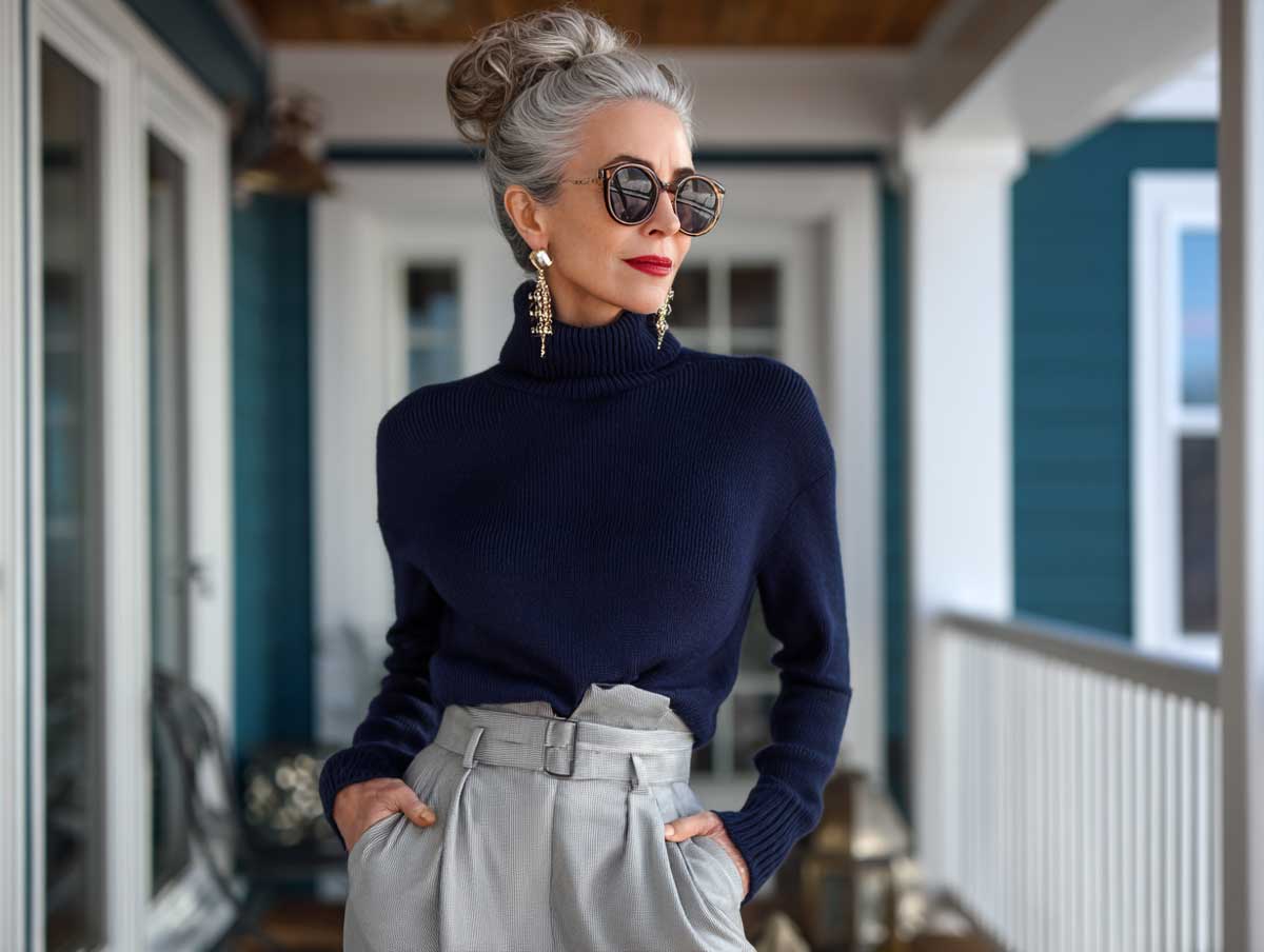 Navy Sweater and Gray Pants for a Relaxed Midweek Look