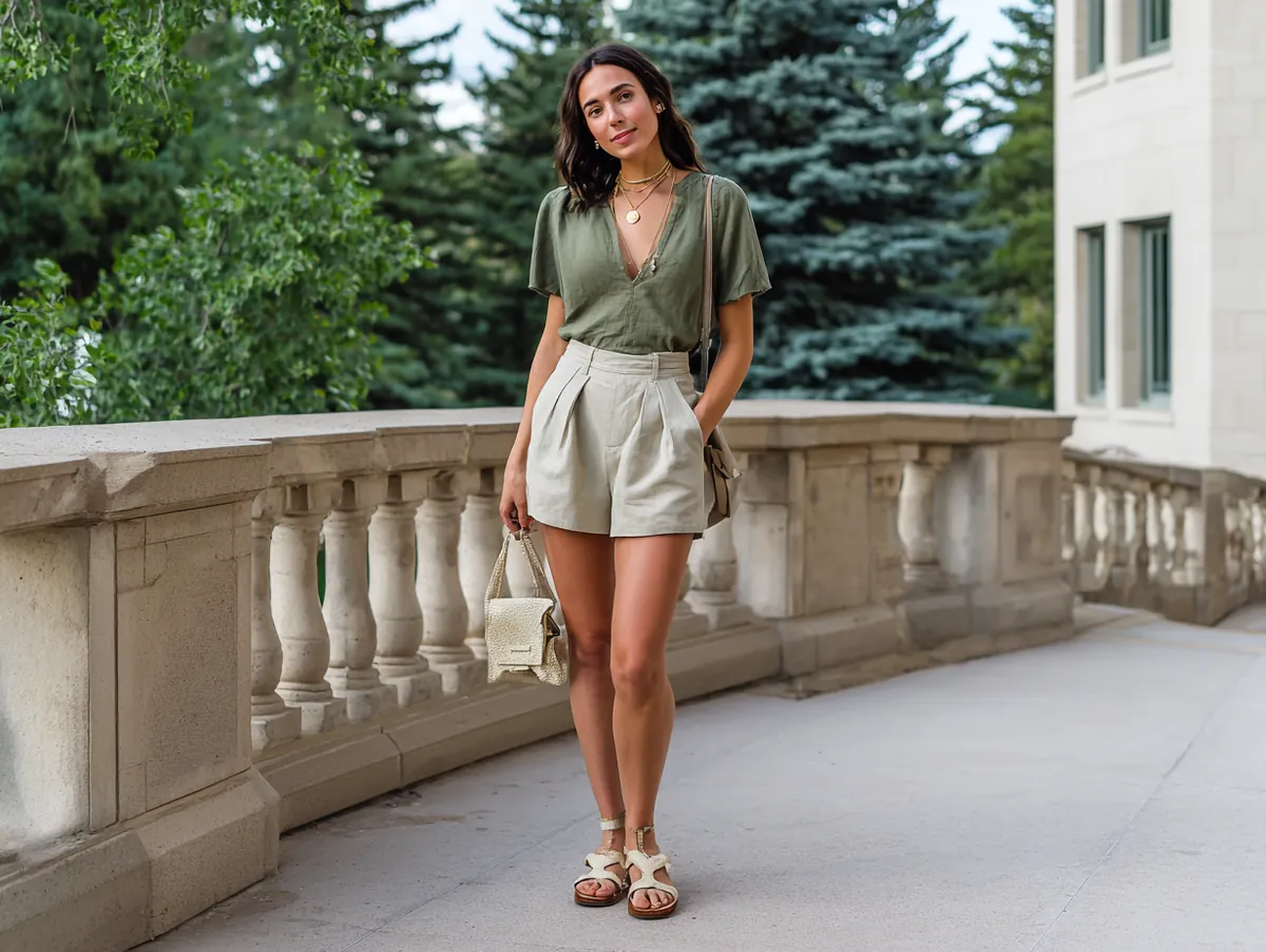 Olive green skort and beige casual combination