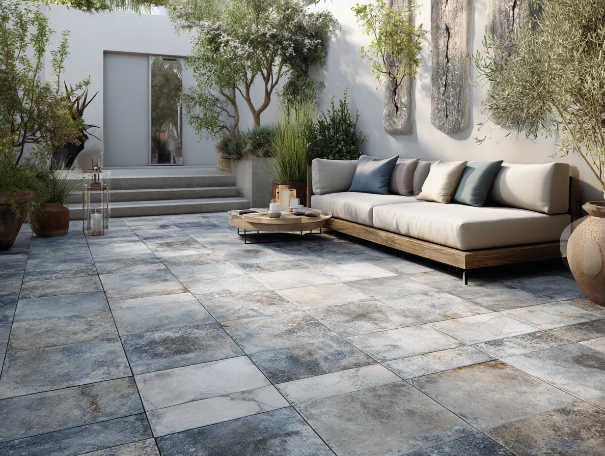 patio tile ideas with gray tones
