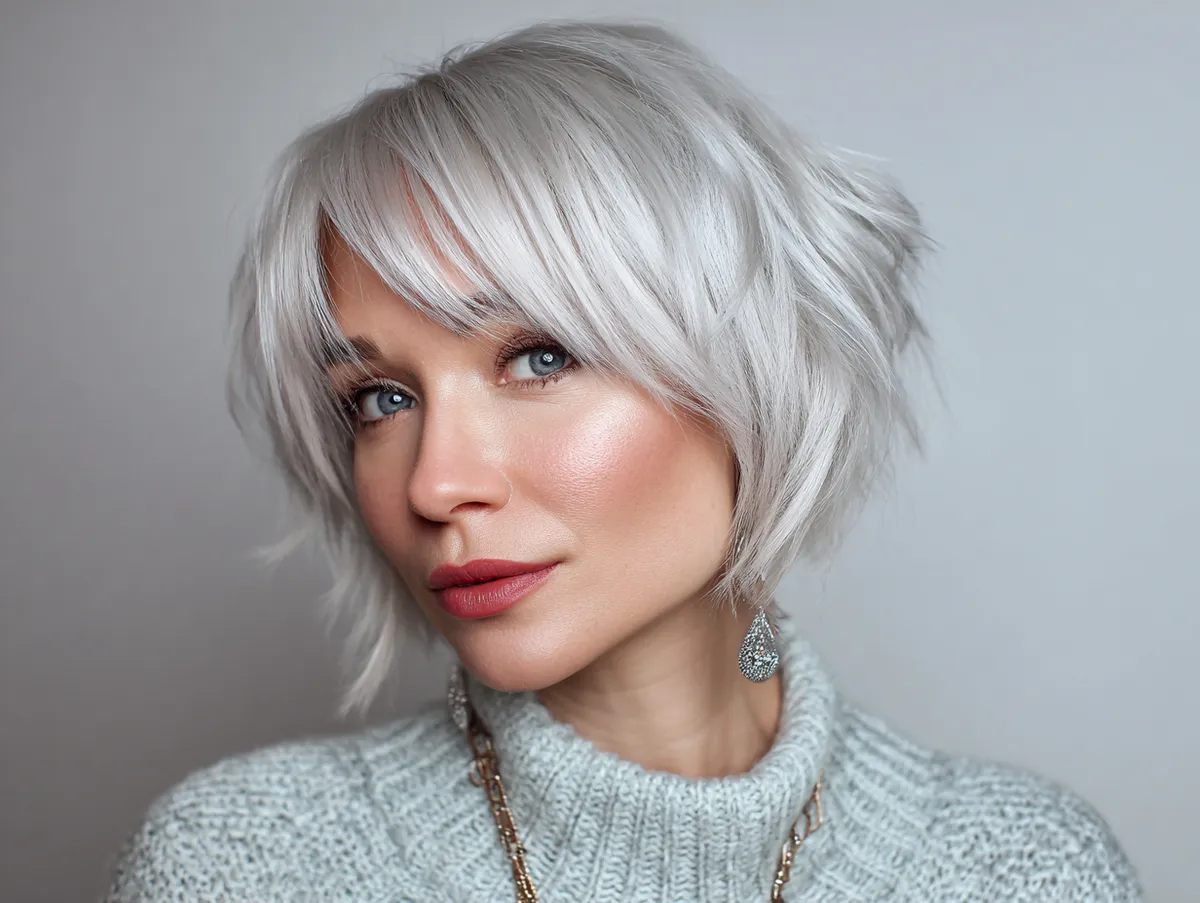 Layered bob for thin hair in icy platinum — sleek finish
