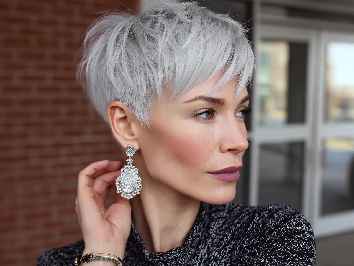 Textured icy platinum pixie cut — side view on thin hair
