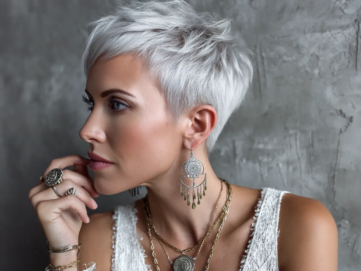 Textured pixie cut for thin hair in icy platinum — front view
