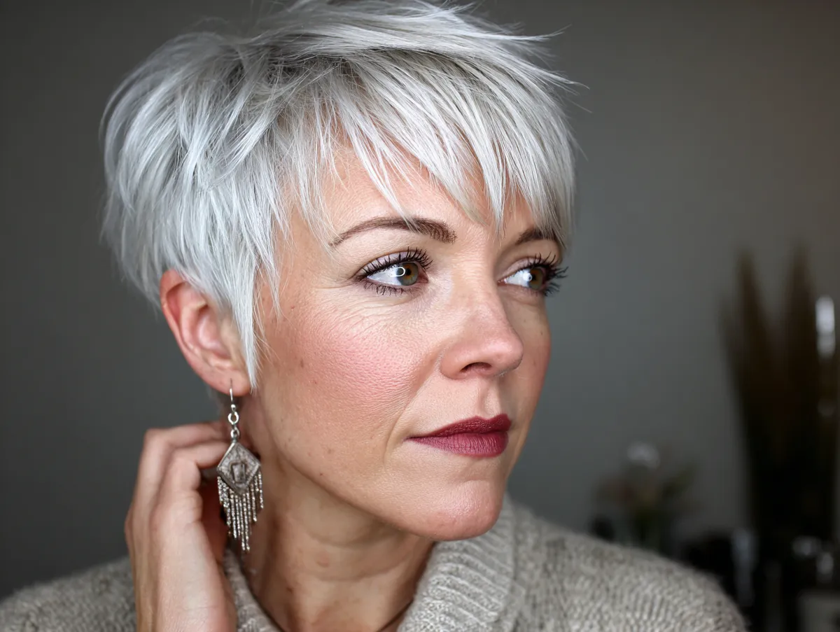 Icy platinum pixie cut with choppy layers for fine hair
