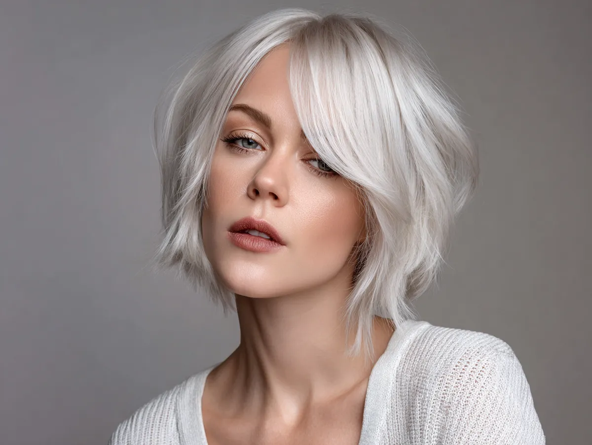 Short layered bob with platinum color adding volume to fine hair
