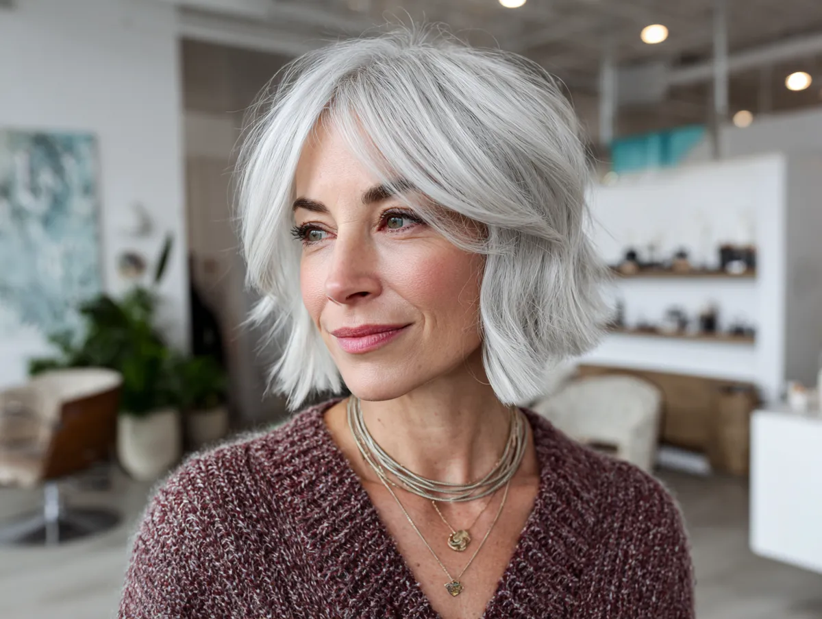 Icy platinum bob haircut with layers for thin hair — side view
