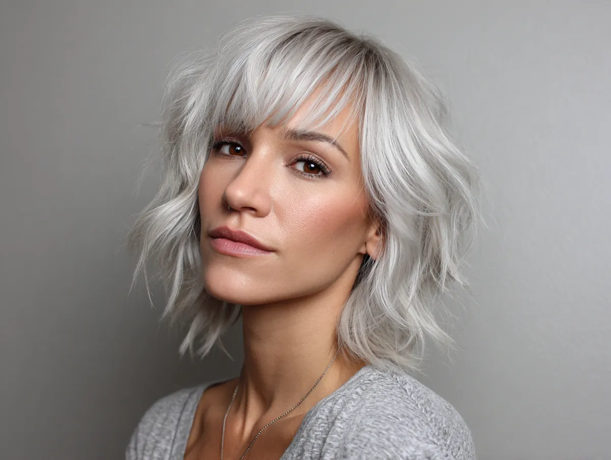 Icy platinum shaggy lob with wispy layers on fine hair
