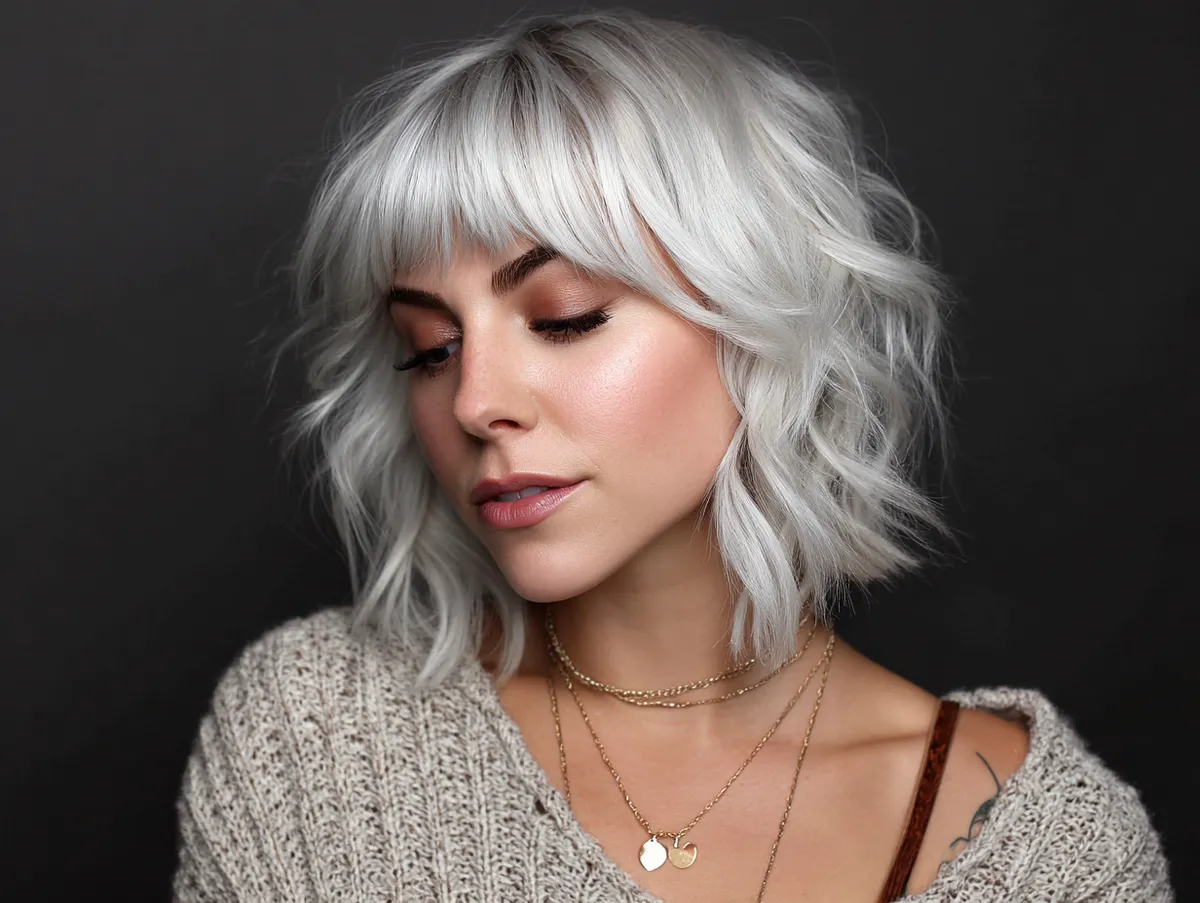 Textured shaggy lob haircut in platinum for thin hair
