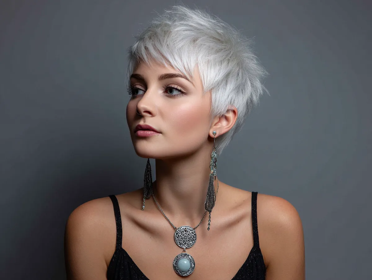 Short pixie haircut for thin hair with platinum silver color
