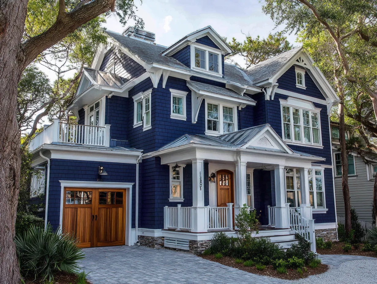 Navy, Pastel & Sky Blue House Siding With White Trim