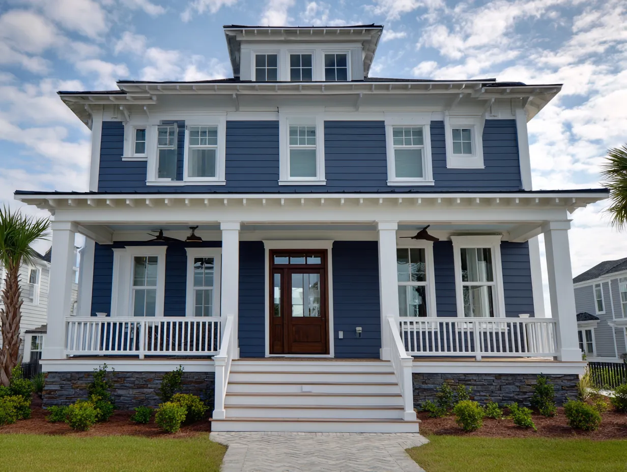 Navy, Pastel & Sky Blue House Siding With White Trim