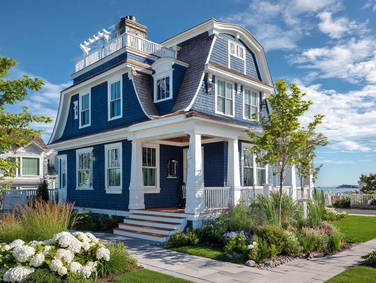Navy, Pastel & Sky Blue House Siding With White Trim