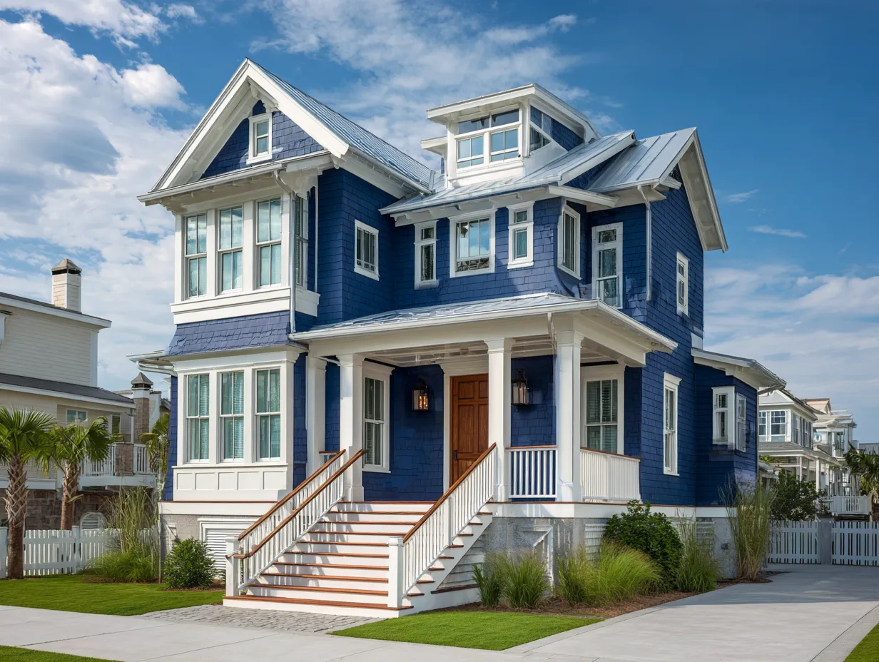 Navy, Pastel & Sky Blue House Siding With White Trim