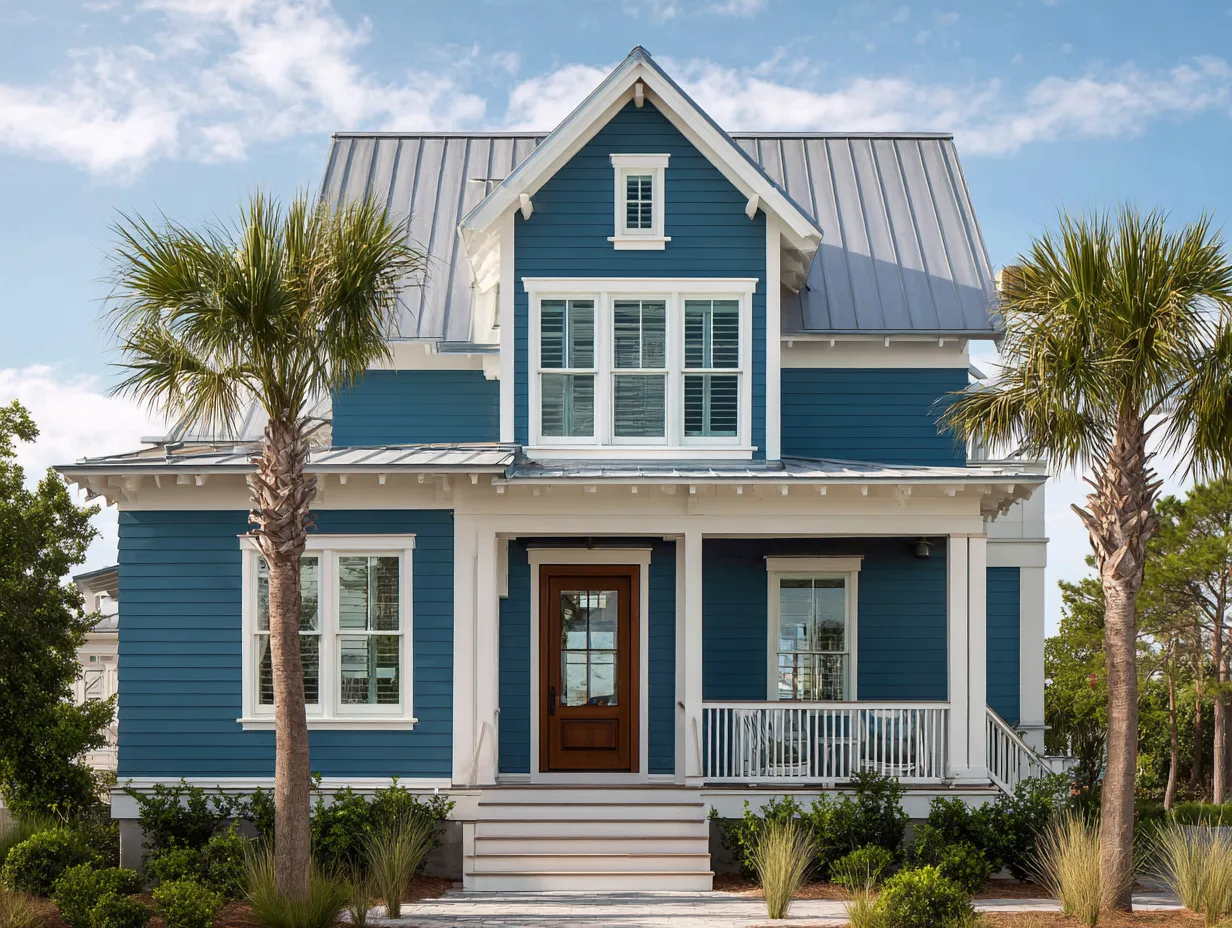 Navy, Pastel & Sky Blue House Siding With White Trim
