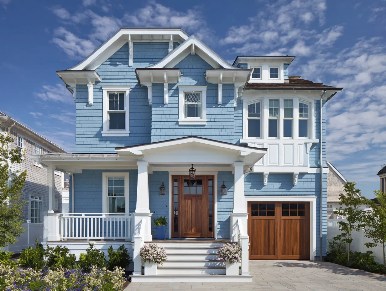 Navy, Pastel & Sky Blue House Siding With White Trim