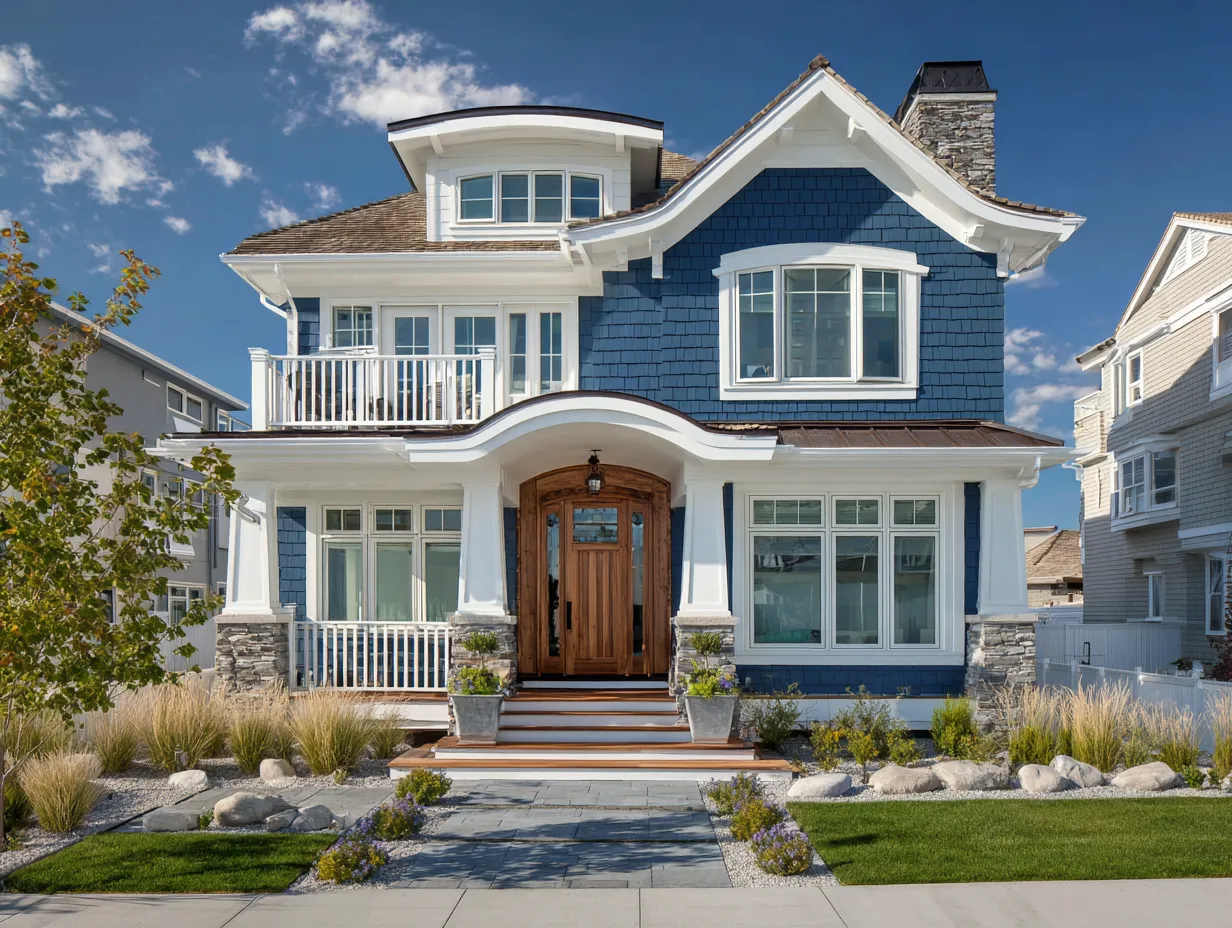Navy, Pastel & Sky Blue House Siding With White Trim