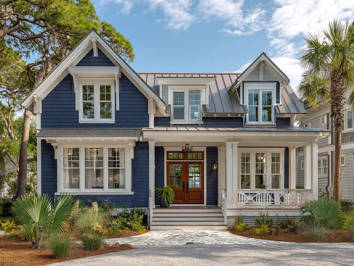 Navy, Pastel & Sky Blue House Siding With White Trim