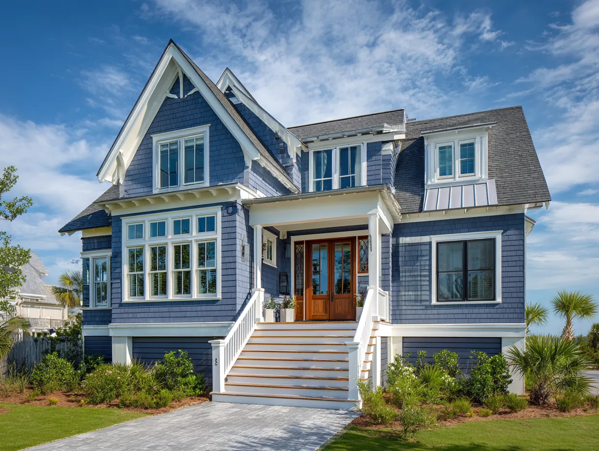 Navy, Pastel & Sky Blue House Siding With White Trim
