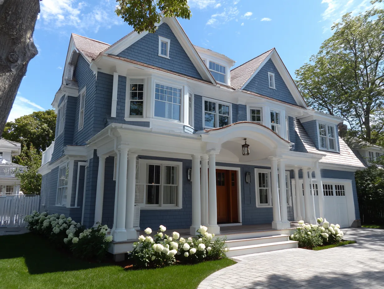 Navy, Pastel & Sky Blue House Siding With White Trim