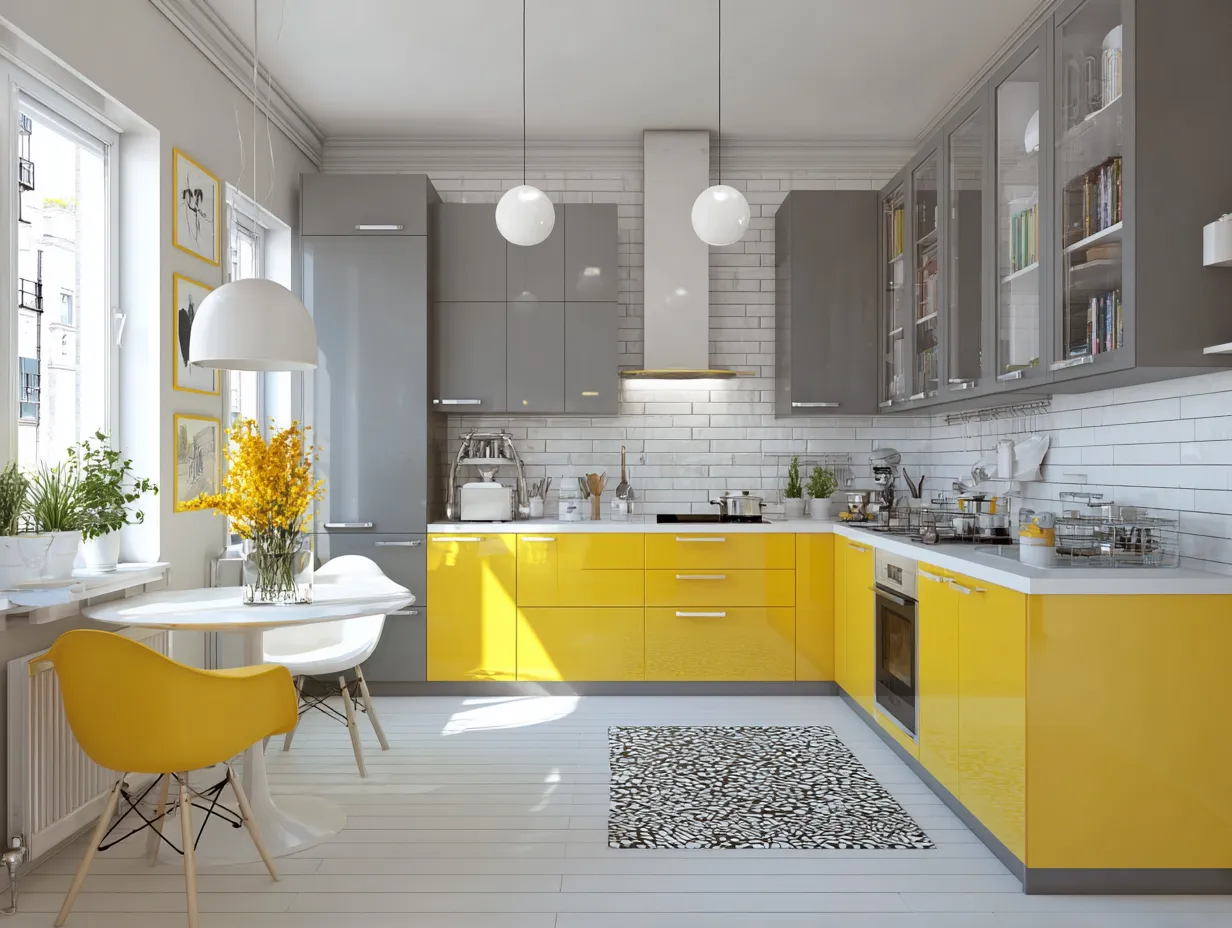 Yellow and grey kitchen cabinets in L-shaped layout