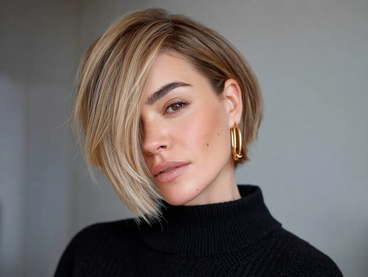 asymmetrical bob haircut round face side view