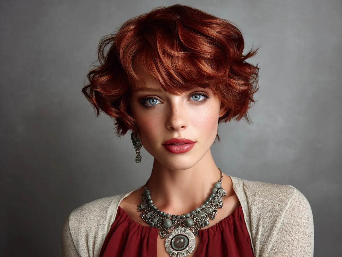auburn red short wavy hairstyle with shine