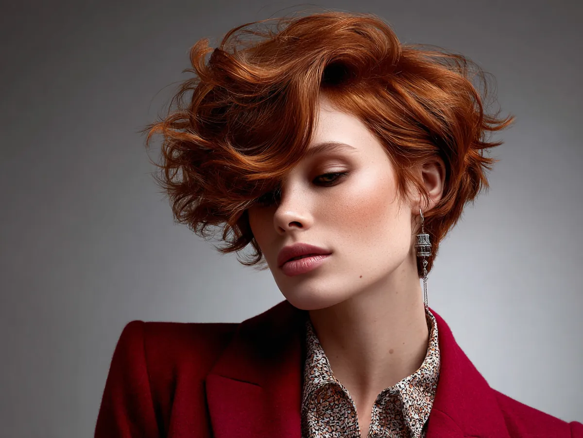 short wavy auburn red hair with side part