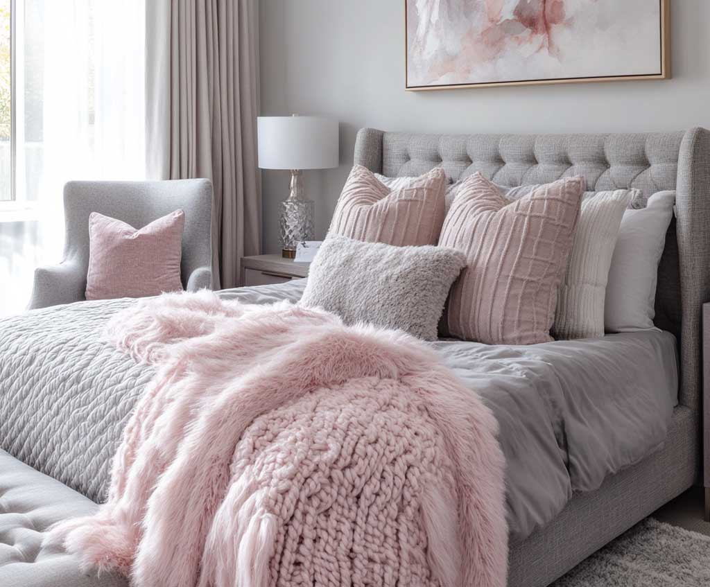 A cozy bedroom featuring a blush pink knit throw on a gray upholstered bed, with gray faux fur pillows and a soft blush pink area rug. The room includes a gray fabric headboard with blush pink accents, blush pink and gray wall art, and a gray armchair with a blush pink throw blanket draped over it. Warm lighting and layered textures create a soft, inviting atmosphere.