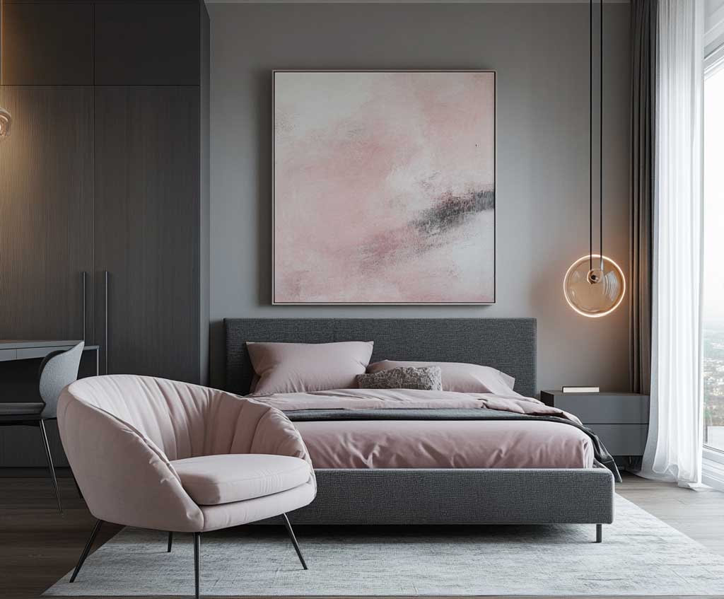 A modern bedroom featuring a gray platform bed with blush pink bedding, a minimalist blush pink armchair by a sleek gray desk, and a gray wardrobe with blush pink accents. The room is lit by a contemporary blush pink pendant light, and a large abstract painting in shades of blush and gray hangs above the bed. The space is minimal yet stylish, with clean lines and soft textures.