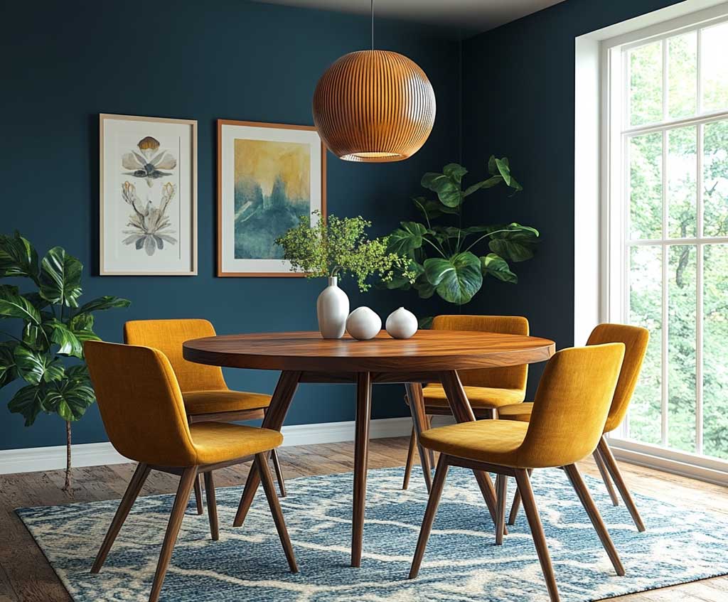 A mid-century modern dining room with teal blue walls, featuring a round wooden dining table with tapered legs and sleek chairs upholstered in mustard yellow. The room is accented by a large vintage pendant light, framed artwork on the walls, and a retro patterned rug in contrasting colors.