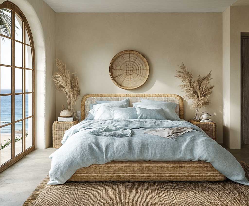A coastal-style bedroom with sandy beige walls, featuring a rattan bed frame, light blue linens, and whitewashed wood accents. The room includes large windows with views of the ocean, a woven area rug, and driftwood art on the walls, creating a warm, inviting space with natural coastal elements.
