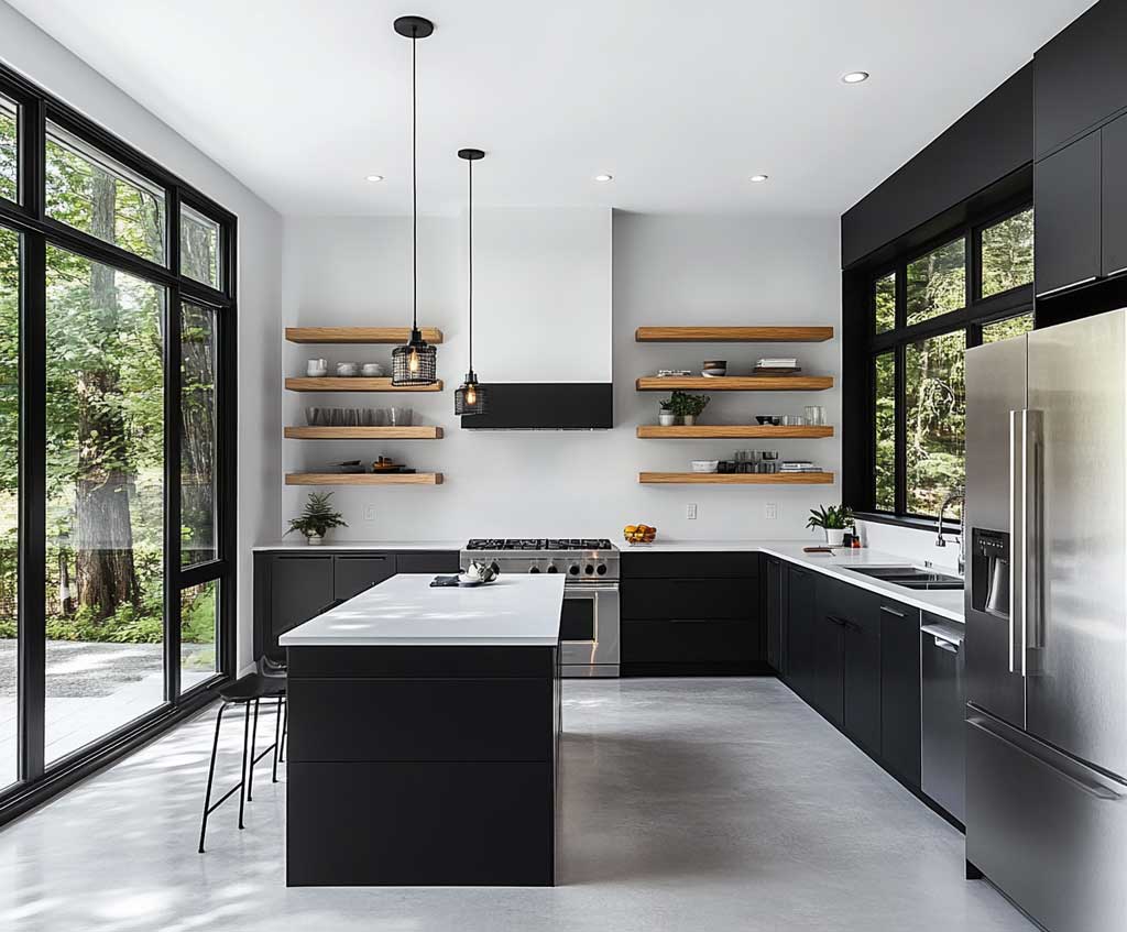 A minimalist kitchen with bold black cabinetry set against sleek white walls and countertops. The space features modern stainless steel appliances and open shelving for a clean, contemporary look. A single large window floods the room with natural light, enhancing the contrast between the white and black elements, creating a sharp, minimalist aesthetic.