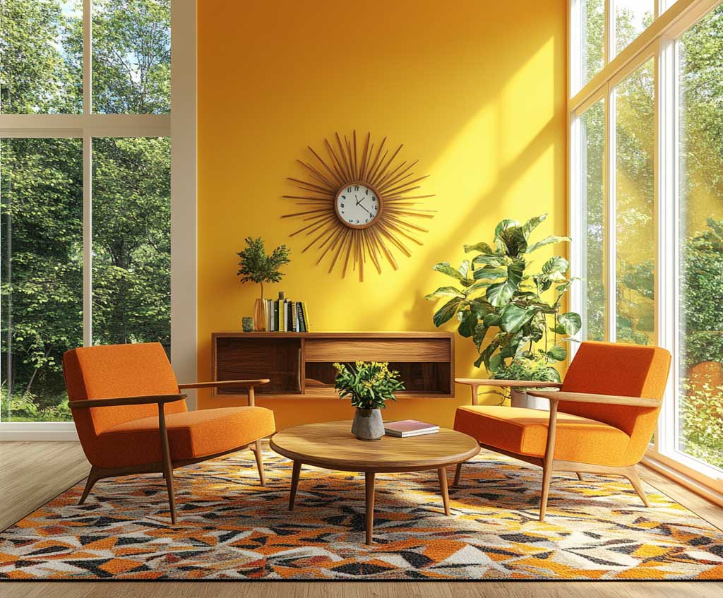 A bright mid-century living room with sunny yellow walls, featuring a low-profile walnut wood coffee table and sleek armchairs in a vibrant orange fabric. The space has large windows with natural light streaming in, a vintage sunburst clock on the wall, and a patterned area rug with geometric shapes.