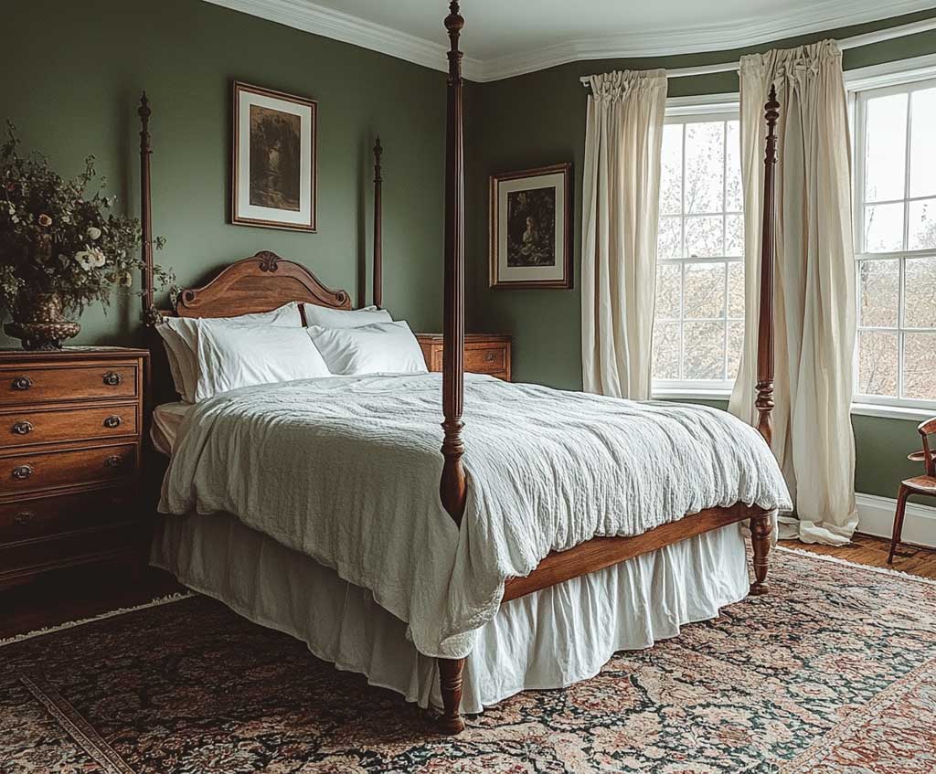 A classic, cozy bedroom with sage green walls, featuring a vintage four-poster bed with crisp white linens. The room has an antique wooden dresser and a traditional patterned area rug. A large window allows soft natural light to filter in, casting a gentle glow that enhances the calming, earthy tones of sage green.