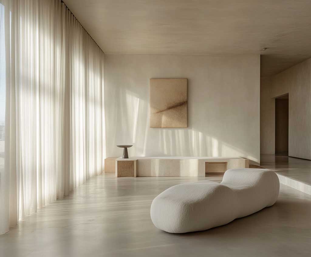 A bright, minimalist living room with large windows, sleek white walls, and minimal furniture. Soft natural light filters through sheer curtains, highlighting the clean lines and open space. A single modern art piece hangs on the wall, and a light beige sofa rests on a smooth, polished concrete floor, reflecting the serene and uncluttered design.