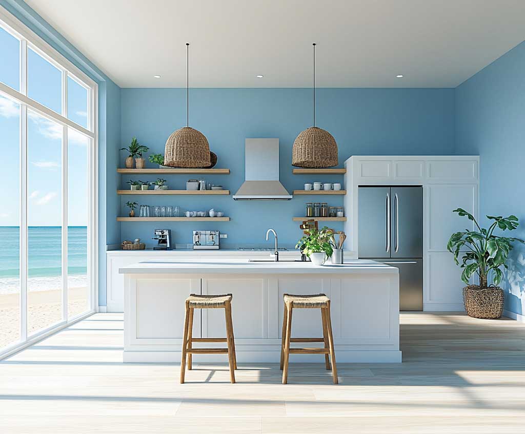 A bright and open coastal kitchen with sky blue walls, featuring white cabinetry, open shelving, and stainless steel appliances. The space includes a large island with wooden bar stools, nautical pendant lights, and a view of the ocean through floor-to-ceiling windows, offering a serene, airy feel.