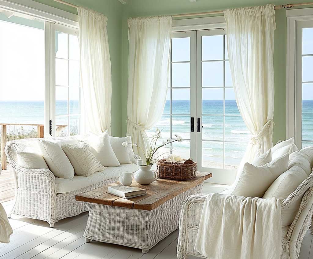 A bright coastal living room with soft seafoam green walls, featuring white wicker furniture and sheer curtains that let in ample natural light. The room includes a driftwood coffee table, nautical decor accents, and large windows overlooking the ocean, creating a serene and airy atmosphere.
