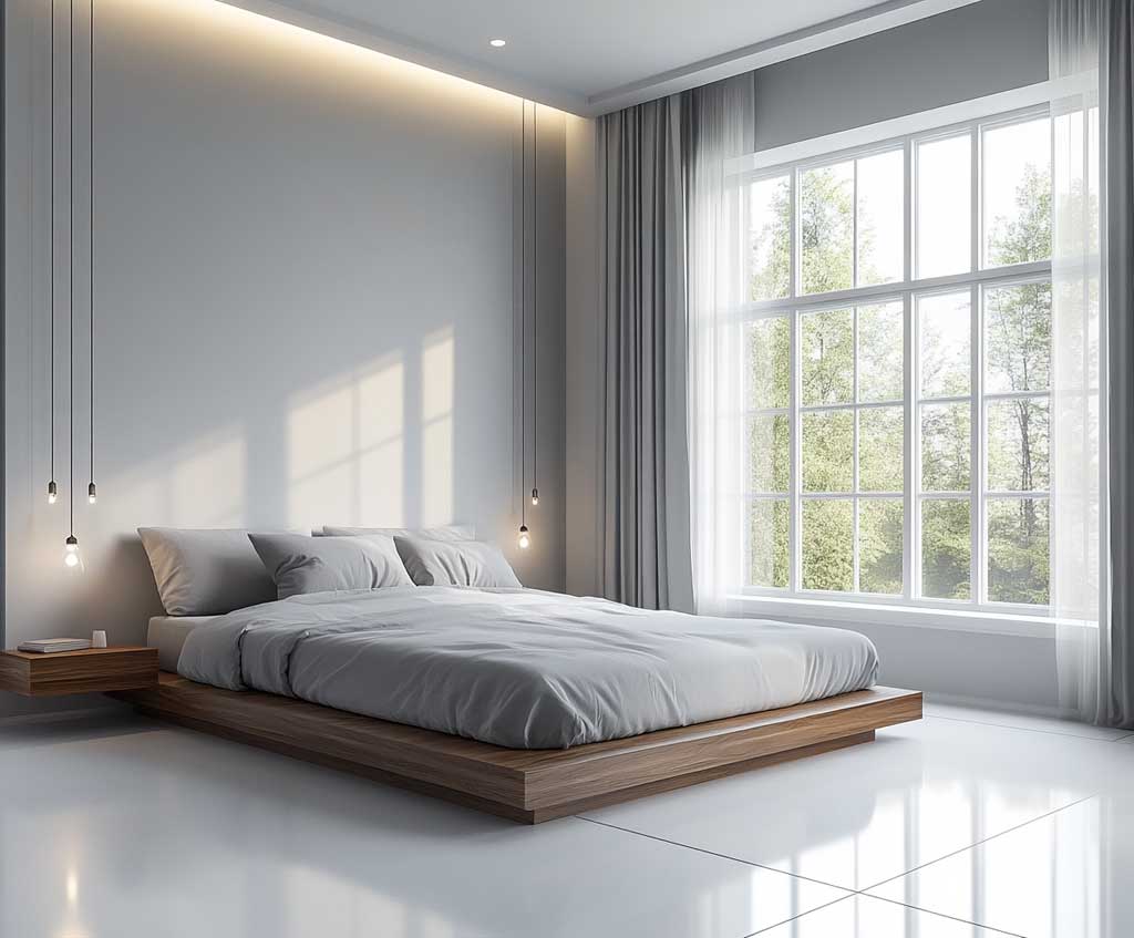A minimalist bedroom featuring soft gray walls with clean lines, accented by a sleek, low platform bed. The bed has light gray linens and is flanked by two modern, floating nightstands with simple lighting fixtures. The room is flooded with natural light from large windows, offering a calm, relaxing atmosphere without clutter.