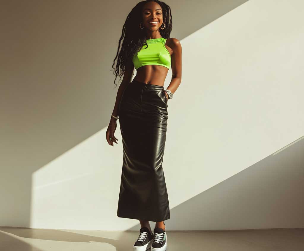 Black leather skirt neon best sale