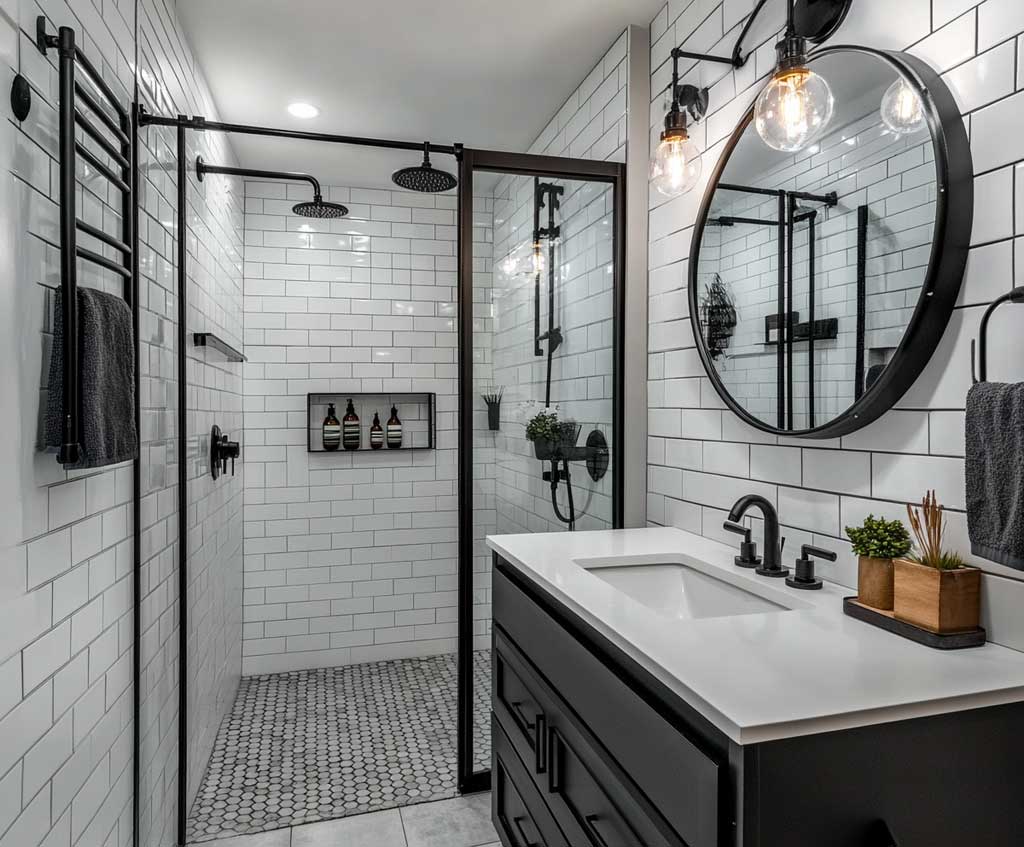 An urban-style black and white bathroom featuring white subway tiles, black grout, and industrial-style lighting fixtures. The bathroom includes a black floating vanity with a white countertop, black matte faucets, and a large round mirror with a black metal frame. Industrial sconces with exposed bulbs flank the mirror, providing ambient lighting. A walk-in shower with black metal accents and a rain showerhead completes the urban industrial look.