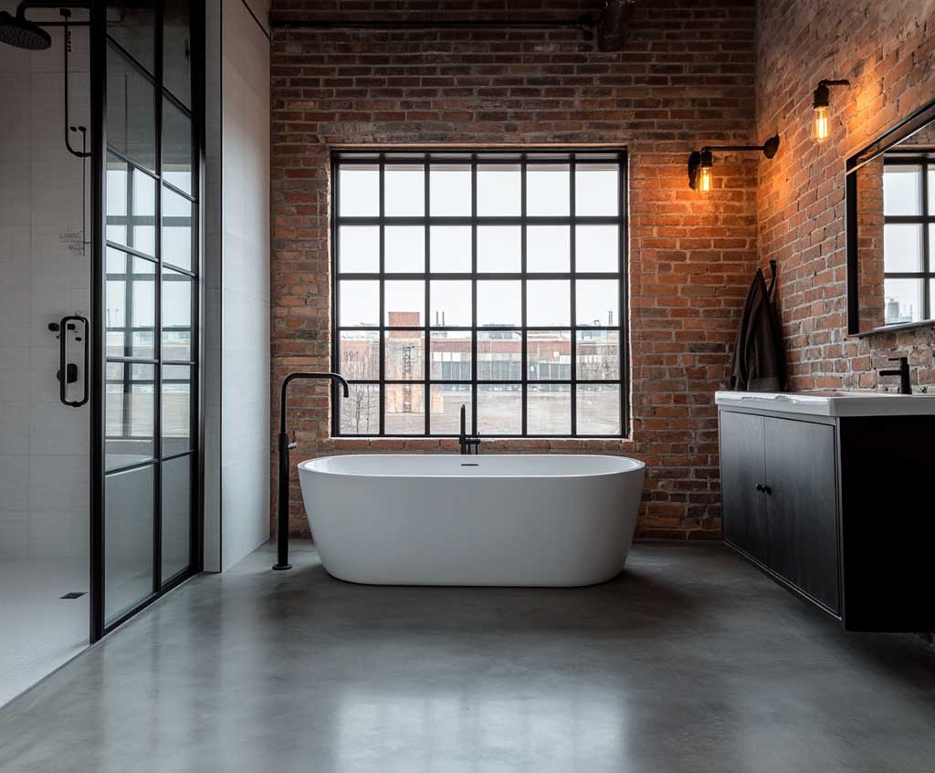 A modern industrial bathroom in black and white with exposed brick walls, sleek metal fixtures, and a concrete floor. The space features minimalist design elements, a large black-framed shower with clear glass, and a white freestanding tub against the brick backdrop. The lighting includes industrial-style pendant lamps with Edison bulbs, casting a warm glow over the space. The design combines urban charm with elegant simplicity.