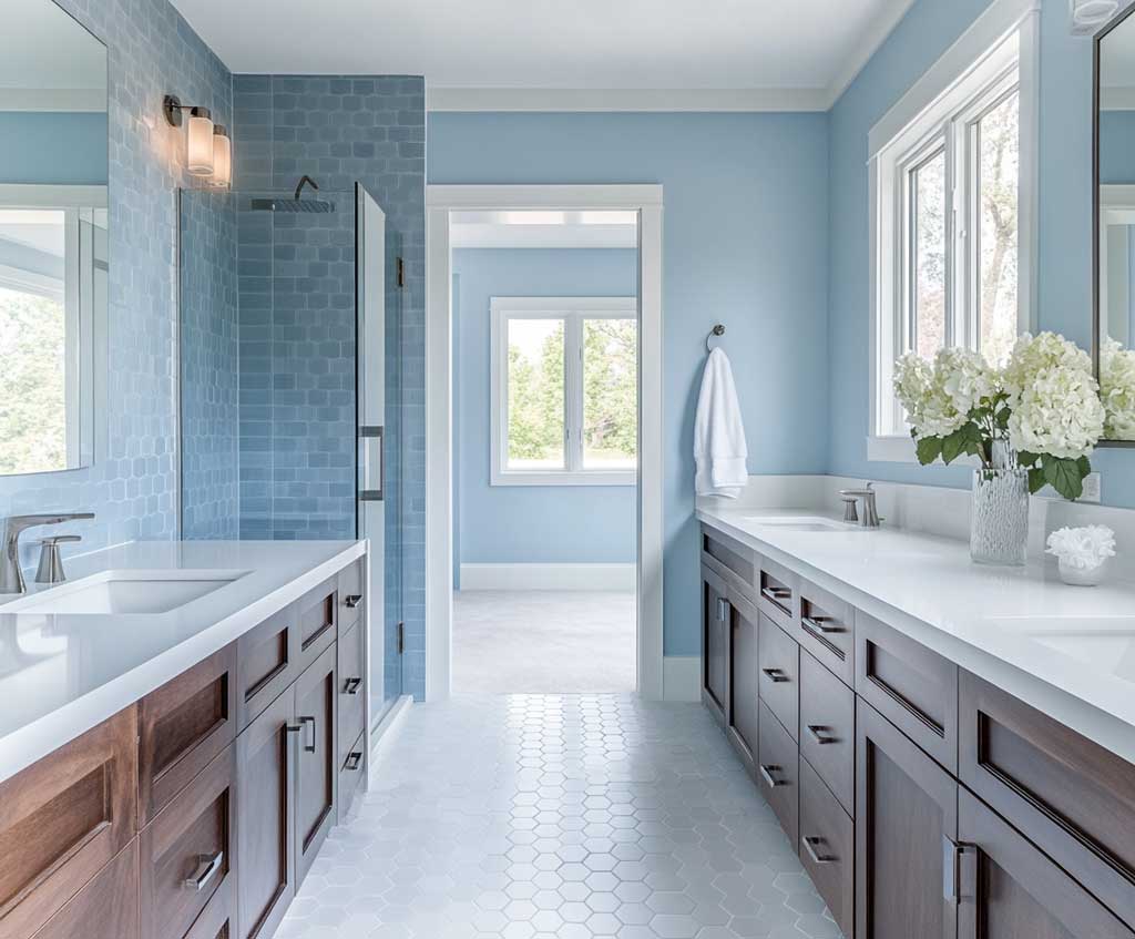 A spacious transitional bathroom with powder blue hexagonal tiles on the walls, creating a soft and calming modern accent. The room is complemented by white countertops, dark wood cabinets, and brushed nickel fixtures, achieving a perfect blend of traditional warmth and modern simplicity. Light floods the space, emphasizing the gentle color and geometric design of the tiles.