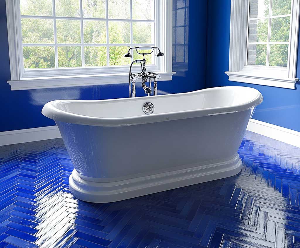A transitional bathroom featuring cobalt blue herringbone tiles covering the floor, paired with a white freestanding bathtub and chrome fixtures. The rich blue tiles add a classic twist, while the herringbone pattern brings a touch of modern sophistication. Soft natural light filters in through a large window, highlighting the vibrant color and traditional-meets-contemporary design.