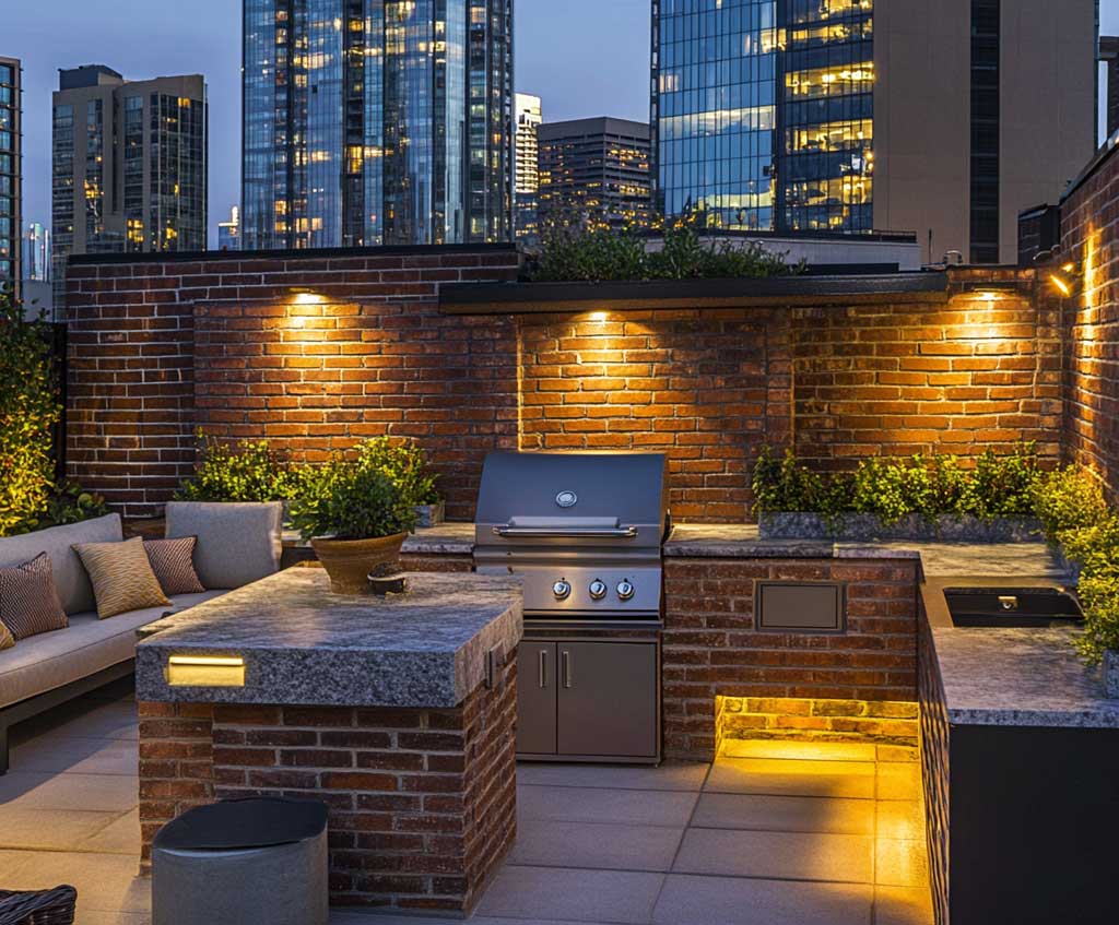 A compact built-in BBQ designed for a small urban patio, featuring a streamlined design with brick accents and a metal grill. The BBQ is integrated into a small nook, with a stone countertop and minimalistic shelving above. The space is cozy, with modern outdoor seating nearby and a few potted plants adding greenery. The urban backdrop includes high-rise buildings and city lights, with warm lighting illuminating the BBQ area.