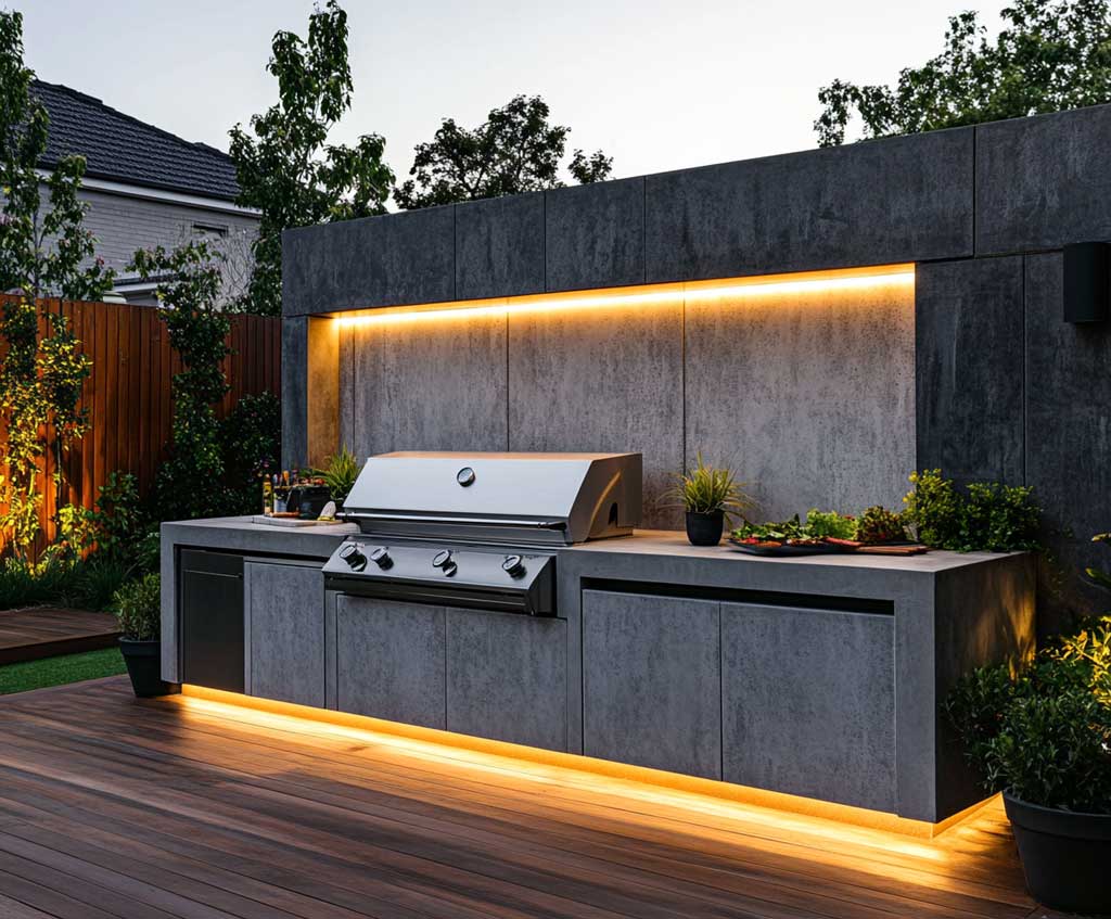 A modern built-in BBQ featuring sleek stainless steel finishes, set against a minimalist concrete backdrop. The BBQ includes a shiny stainless steel grill, matching cabinets, and a smooth concrete countertop. The area is framed by a sleek wooden deck, with a few potted plants for a touch of greenery. The scene is illuminated with cool LED lighting, giving the space a modern, polished look as the sun sets in the background.