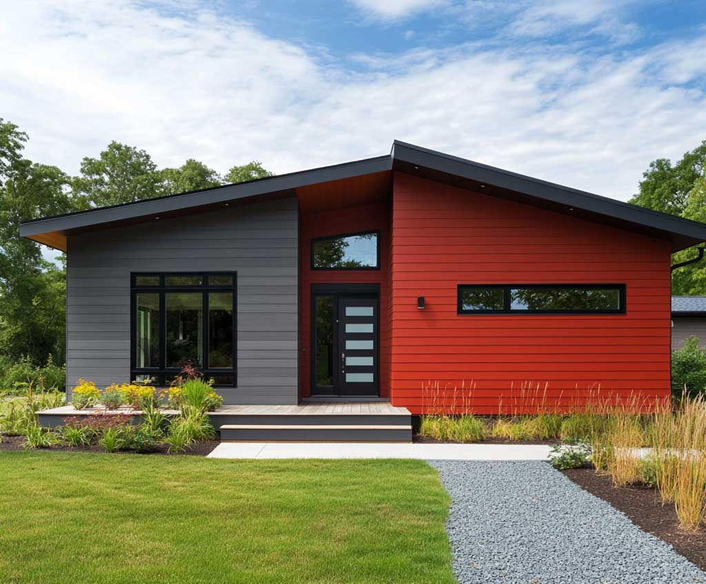 A close-up of a contemporary single-story house featuring a striking combination of red and charcoal siding. The red siding covers the majority of the front exterior, while charcoal is used for trim and framing around the windows and doors. The home has a minimalist design with clean lines, a charcoal roof, and a well-maintained gravel pathway leading to the entrance.