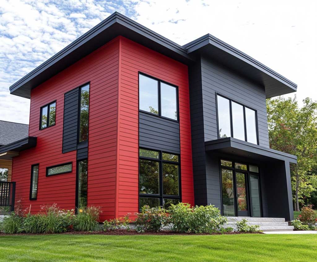 A mid-sized modern house with a close-up view of its bold red and charcoal siding. The red siding covers the upper section of the home, while the charcoal siding dominates the lower half, creating a balanced contrast. The house features large windows and sleek black trim for a contemporary aesthetic, set against a well-maintained front yard with minimalistic landscaping.